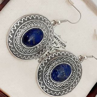 Vintage Art Deco Style Lapis Lazuli Gemstone Large Drop Dangle Pierced Earrings 3