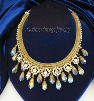 Vtg D&e Juliana Ab Rhinestone Crystal Fringe Gold Mesh Collar Choker Necklace