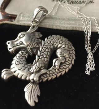 Vintage Jewellery Sterling Silver Chinese Dragon Serpent Pendant & Chain