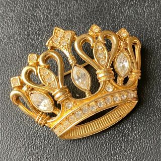 Signed Kjl For Avon Vintage Gold Tone Crown Rhinestone Royalty Brooch Pin 95
