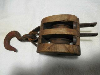 Vintage Wood 2 Pulley Block & Tackle With Hook