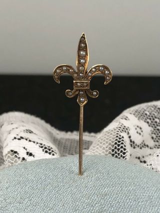 Antique Victorian 14k Fleur De Lis Stickpin Pin With Seed Pearls 1.  6g Handmade