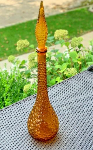 Vintage Empoli 22 " Tall Amber Honey Genie Bottle Glass Decanter.  Mcm W/ Stopper.