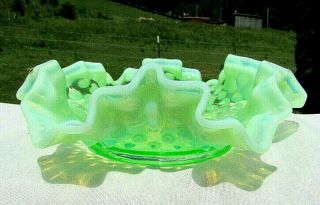Fenton Vintage Green Opalescent Hobnail Uranium Glass Bon Bon Dish 6 " W X 2 " H