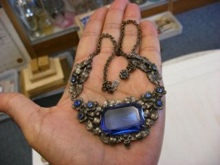 Antique Vtg Art Deco Filigree Blue Stones/glass Necklace 1025