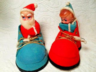 2 - Vintage Christmas Hanging Decorations - Santa In Red Boot & Elf In Green Boot