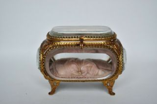 Antique Victorian French Brass & Beveled Glass Jewelry Casket Display Box