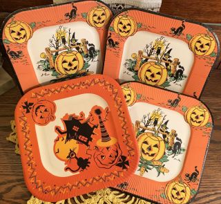 4 Mid - Century Vintage Halloween Paper Party Plates & 1 Napkin 1950s - 60s Ephemera