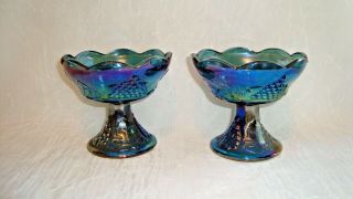 Vintage Blue Carnival Glass Candle Stick Holder Harvest Grape Indiana Glass Pair