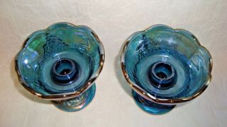Vintage Blue CARNIVAL Glass Candle Stick Holder HARVEST GRAPE Indiana Glass Pair 2