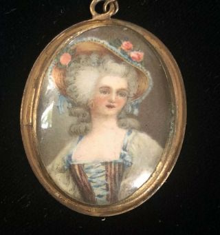 Antique Victorian Hand Painted Portrait Cameo Pendant Brass Mounting