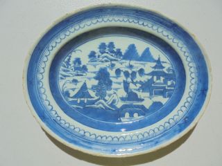 Antique Chinese Export Porcelain Blue Canton Small Oval Platter Tray 7 5/8 "