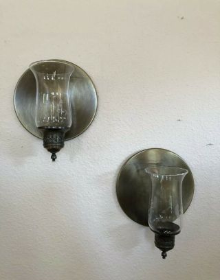 Set Of 2 Vtg Princess House Brass Wall Sconces With Heritage Hurricane Globes