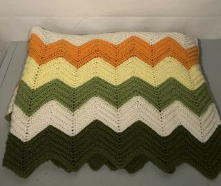 Vtg Afghan Blanket Crochet Chevron Ripple Retro 70s Fall Candy Corn Colors 48x70