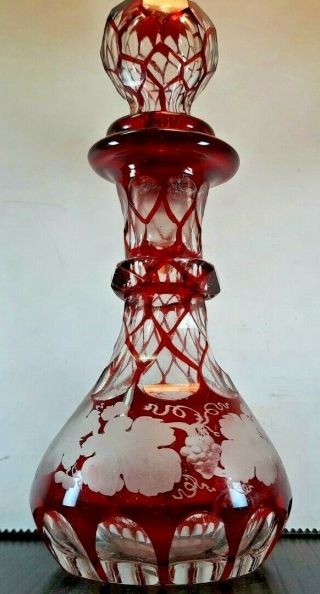 Antique Bohemian Red Clear Glass Perfume Bottle,  Stopper Engraved Perfect
