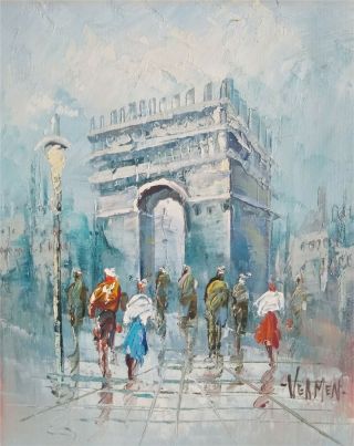 Vintage Oil Painting Paris France Arc De Triomphe Signed Street Scene 8 " X 10 "