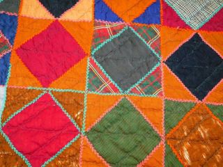 Antique Vintage Handmade Wool Silk Patchwork Embroidered Quilt Jewel Colors