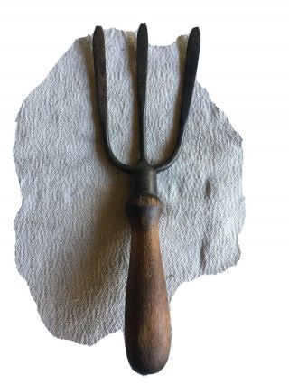Vintage Antique Garden Tool 3 Tine Hand Fork Rake Cultivator Metal Wood Handle