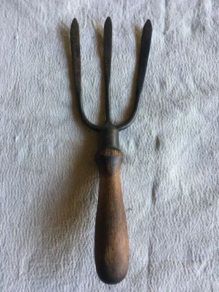 Vintage Antique Garden Tool 3 Tine Hand Fork Rake Cultivator Metal Wood handle 2