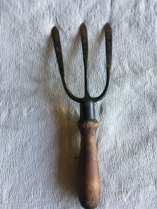 Vintage Antique Garden Tool 3 Tine Hand Fork Rake Cultivator Metal Wood handle 3