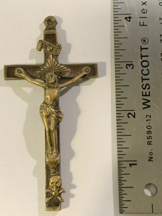 Antique 4  Brass Pectoral Priest Nuns Crucifix Skull & Crossbones Habit Rosary