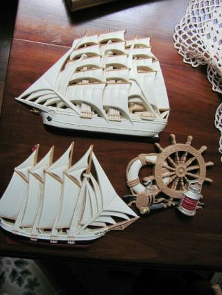 Vintage Burwood Nautical Clipper Ship Sail Boat Wheel Wall Decor 3 Pc Set