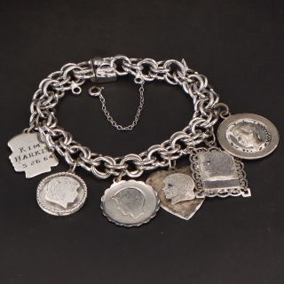 Vtg Sterling Silver - Loaded Silhouette Charm 7.  5 " Chain Link Bracelet - 53.  5g