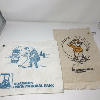 2 Vintage Advertising Golf Towels W/ 1 Ring Clip Commerce Boatmans Bank 11x17