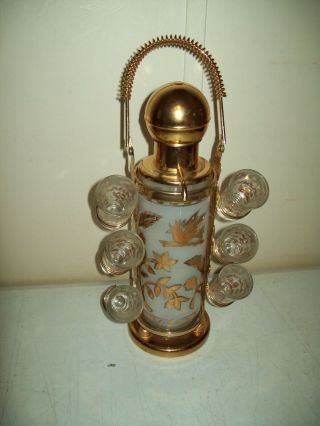 Vintage Liquor Dispenser Decanter With Shot Glasses & Metal Carrier Great Item