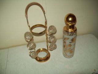 vintage Liquor dispenser decanter with shot glasses & metal carrier Great Item 3