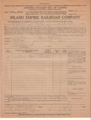 1926 Bill Of Lading Inland Empire Railroad Company - Whitman Cty Courthouse Colfax