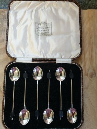Fine Antique Case Set Of Six Art Deco Sterling Silver Coffee Bean Spoons 1926