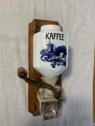 Antique Porcelain Coffee Kafeee Grinder Dutch Windmill Delft Blue