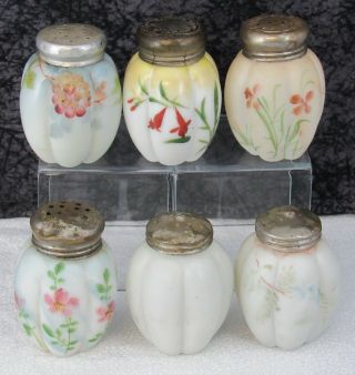 6 Antique Mt.  Washington Crown Milano Hand - Painted Glass Melon Form S&p Shakers