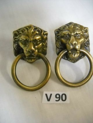 Pr.  Antique Brass Figural Lion Head Ring Drawer Pull 1890 