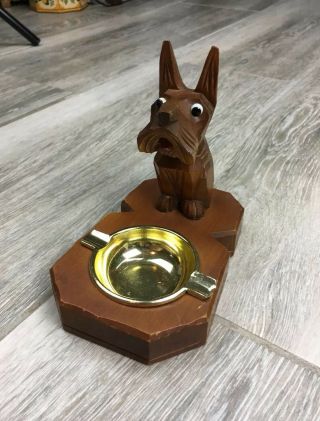 Vintage Scottie Dog Terrier Wood Ashtray Hand Carved Made Germany Funny Wooden