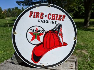 Old Vintage 1951 Texaco Fire - Chief Gasoline Porcelain Enamel Fuel Pump Sign