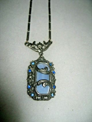 Vintage Necklace Antique Art Deco Blue Czech Glass Pendant