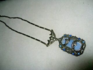 Vintage Necklace Antique Art Deco Blue Czech Glass Pendant 2