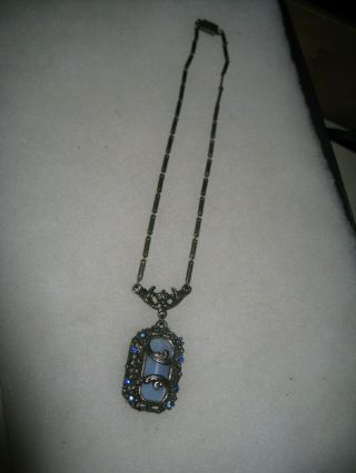 Vintage Necklace Antique Art Deco Blue Czech Glass Pendant 3