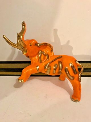 Vtg Mid Century Modern Mcm Orange And Gold Gilt Elephant Statue 12” Length