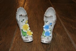 Vintage Pair Porcelain Ceramic Victorian Style Gilded Shoes Slippers W Flowers