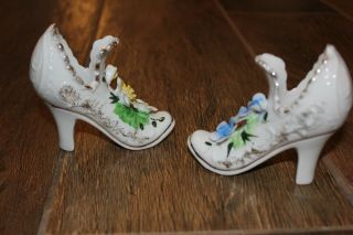 Vintage Pair Porcelain Ceramic Victorian Style Gilded Shoes Slippers w Flowers 3