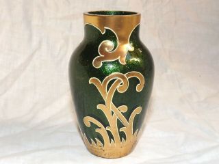 Antique Bohemian/harrach Adventurine Art Glass Gilt Enamel Decorated Vase