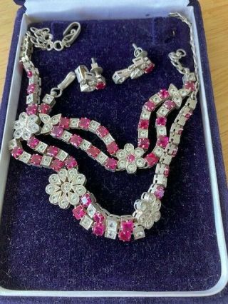 Vintage Ruby And White Sapphire Sterling Silver Necklace,  Bracelet,  Earrings