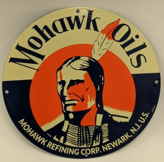 Vtg Mohawk Oils Advertising Porcelain Pump Plate Sign Gas & Oil Newark Nj Indian