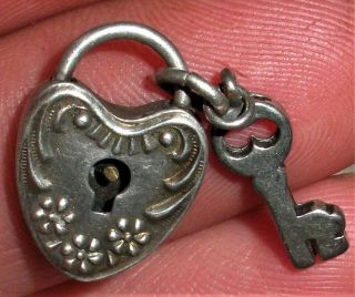 Antique C.  1940 Art Nouveau Heart Lock & Key Sterling Silver Charm / Pendant Vafo