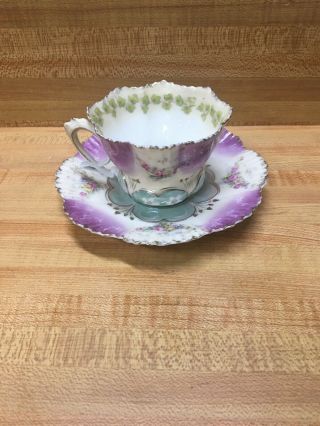 Antique Handpainted S&t Rs Germany Porcelain Floral Green Teacup Saucer