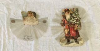 Antique German Christmas Scrap,  Spun Glass Ornaments: Santa And Angels