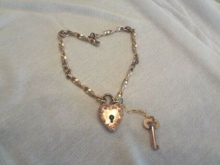 Fabulous Antique Victorian Gold Filled Bracelet With Heart Padlock & Key